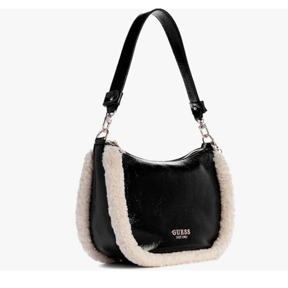 GUESS Davika crinkle faux-leather Sherpa trim hobo shoulder bag - Black - Picture 2 of 15